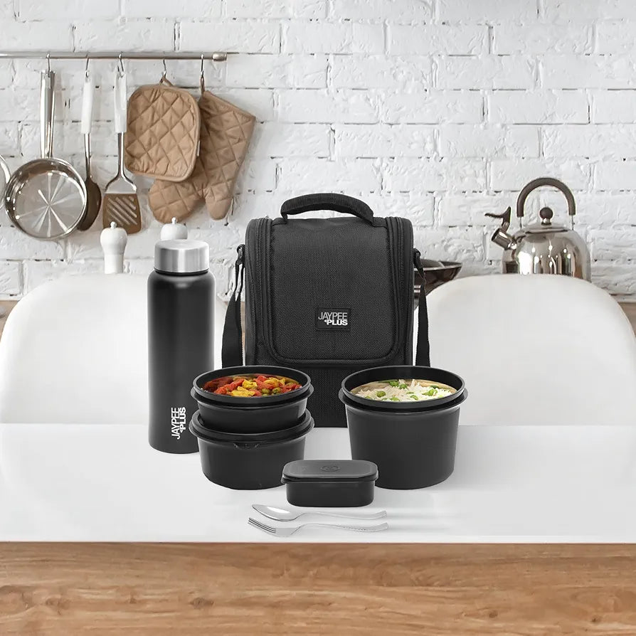 Jaypee Plus Meal Plus 1390 ml Stainless Steel Office Lunch Box | BPA Free, Microwave Safe & Spillproof Airtight 4 Containers | Includes Bottle, Spoon, Fork & Bag | Ideal for College & School